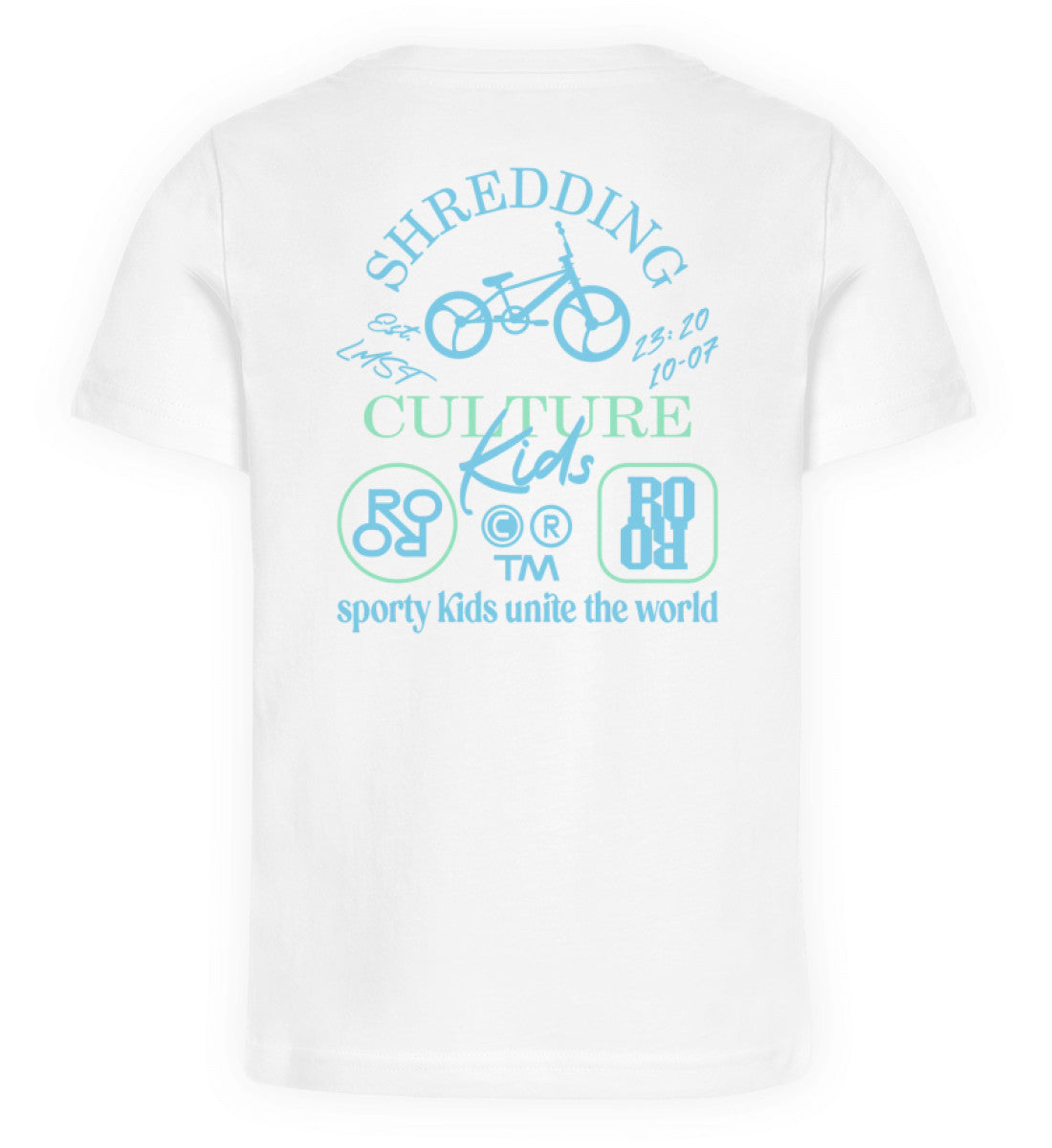 Weißes Kinder T-Shirt für Mädchen und Jungen bedruckt mit dem Design der Roger Rockawoo Kollektion shredding culture kids bmx