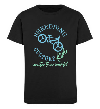 Schwarzes Kinder T-Shirt für Mädchen und Jungen bedruckt mit dem Design der Roger Rockawoo Kollektion shredding culture kids bmx