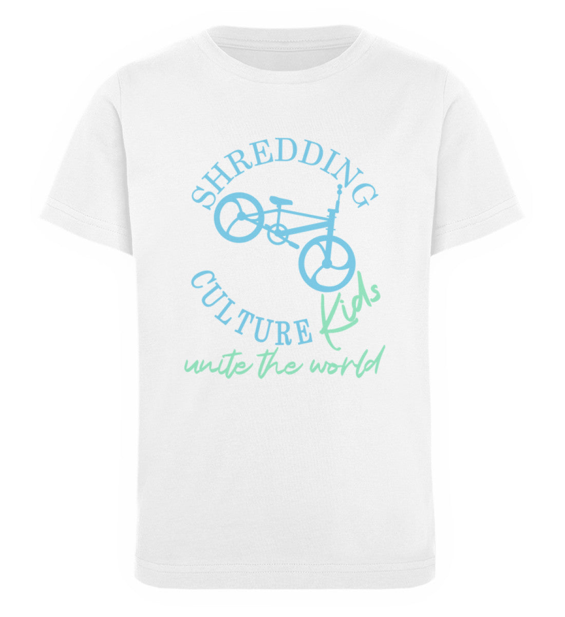 Weißes Kinder T-Shirt für Mädchen und Jungen bedruckt mit dem Design der Roger Rockawoo Kollektion shredding culture kids bmx