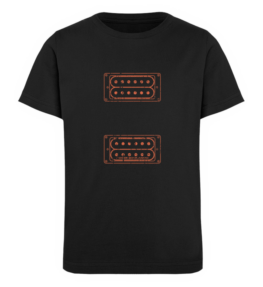Schwarzes Kinder T-Shirt für Mädchen und Jungen bedruckt mit dem Design der Roger Rockawoo Kollektion e-guitar set up humbucker