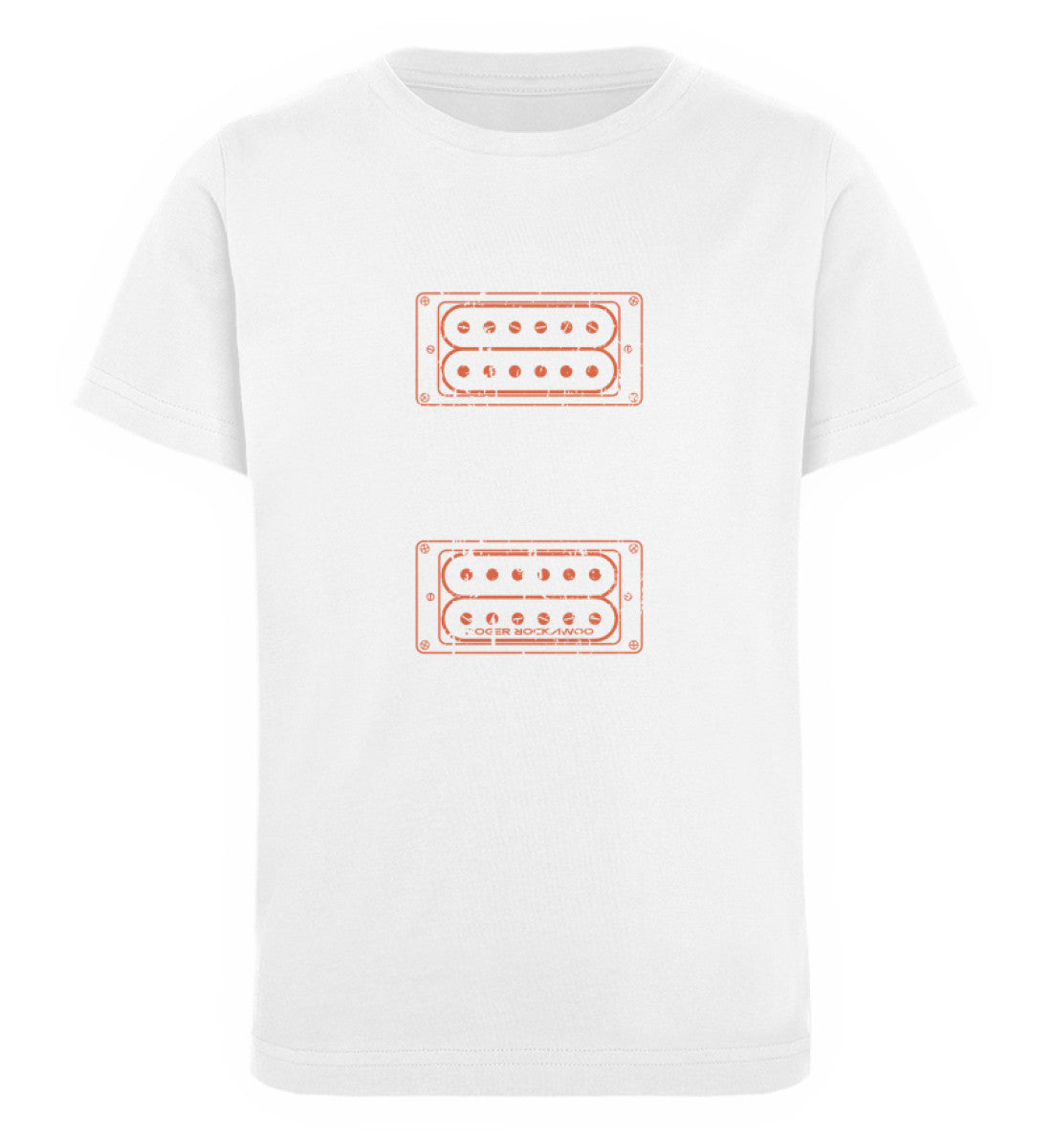 Weißes Kinder T-Shirt für Mädchen und Jungen bedruckt mit dem Design der Roger Rockawoo Kollektion e-guitar set up humbucker