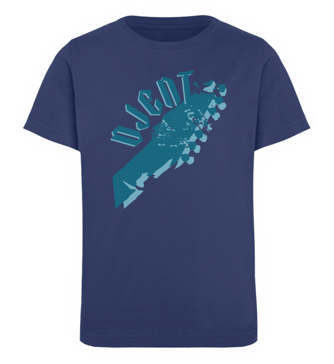 Blaues Kinder T-Shirt für Mädchen und Jungen bedruckt mit dem Design der Roger Rockawoo Kollektion e-guitar djent