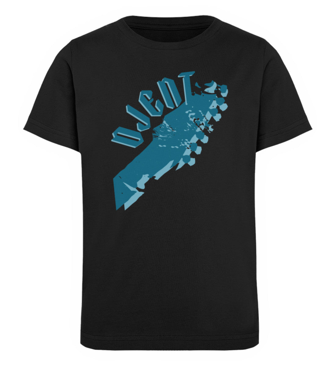 Schwarzes Kinder T-Shirt für Mädchen und Jungen bedruckt mit dem Design der Roger Rockawoo Kollektion e-guitar djent