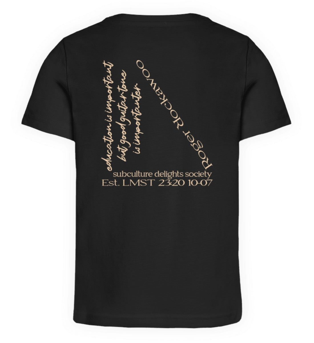 Schwarzes Kinder T-Shirt für Mädchen und Jungen bedruckt mit dem Design der Roger Rockawoo Kollektion guitar education versus guitar tone