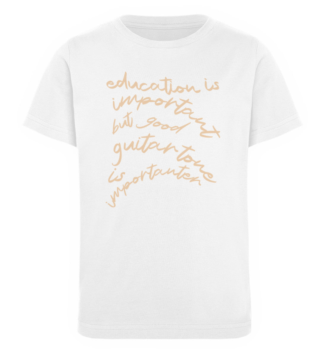 Weißes Kinder T-Shirt für Mädchen und Jungen bedruckt mit dem Design der Roger Rockawoo Kollektion guitar education versus guitar tone