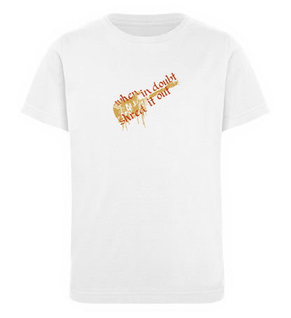 Weißes Kinder T-Shirt für Mädchen und Jungen bedruckt mit dem Design der Roger Rockawoo Kollektion guitar when in doubt shred it out