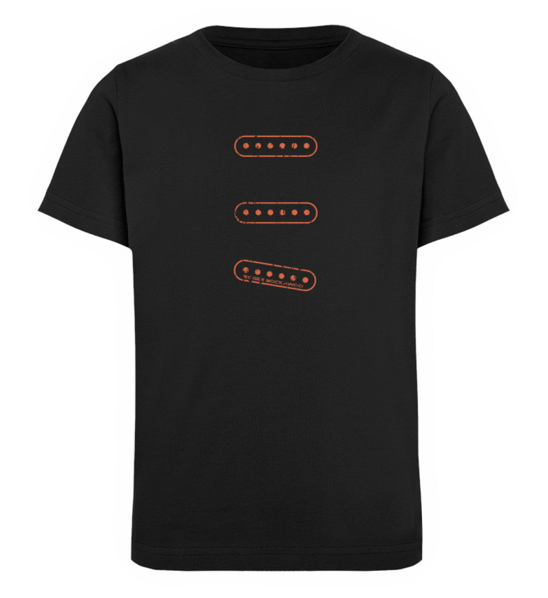 Schwarzes Kinder T-Shirt für Mädchen und Jungen bedruckt mit dem Design der Roger Rockawoo Kollektion e-guitar set up single coil