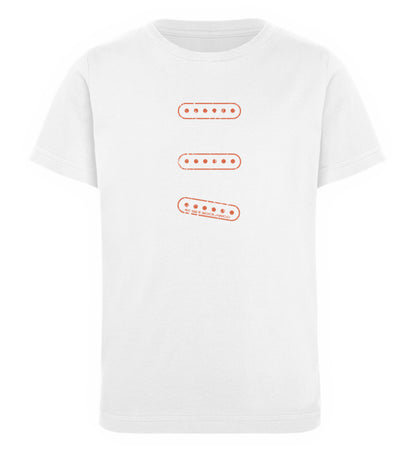 Weißes Kinder T-Shirt für Mädchen und Jungen bedruckt mit dem Design der Roger Rockawoo Kollektion e-guitar set up single coil