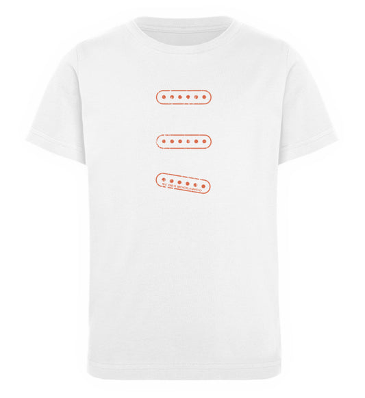 Weißes Kinder T-Shirt für Mädchen und Jungen bedruckt mit dem Design der Roger Rockawoo Kollektion e-guitar set up single coil