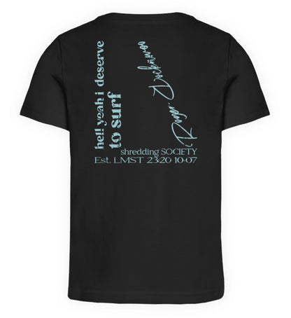Schwarzes Kinder T-Shirt für Mädchen und Jungen bedruckt mit dem Design der Roger Rockawoo Kollektion hell yeah surf