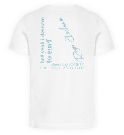 Weißes Kinder T-Shirt für Mädchen und Jungen bedruckt mit dem Design der Roger Rockawoo Kollektion hell yeah surf