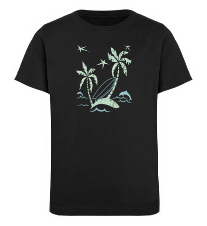 Schwarzes Kinder T-Shirt für Mädchen und Jungen bedruckt mit dem Design der Roger Rockawoo Kollektion hell yeah surf