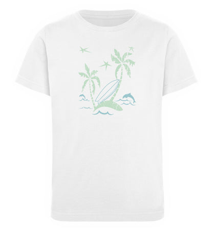 Weißes Kinder T-Shirt für Mädchen und Jungen bedruckt mit dem Design der Roger Rockawoo Kollektion hell yeah surf