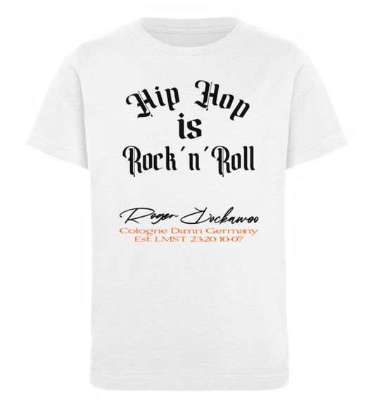 Weißes Kinder T-Shirt für Mädchen und Jungen bedruckt mit dem Design der Roger Rockawoo hip hop is rocknroll