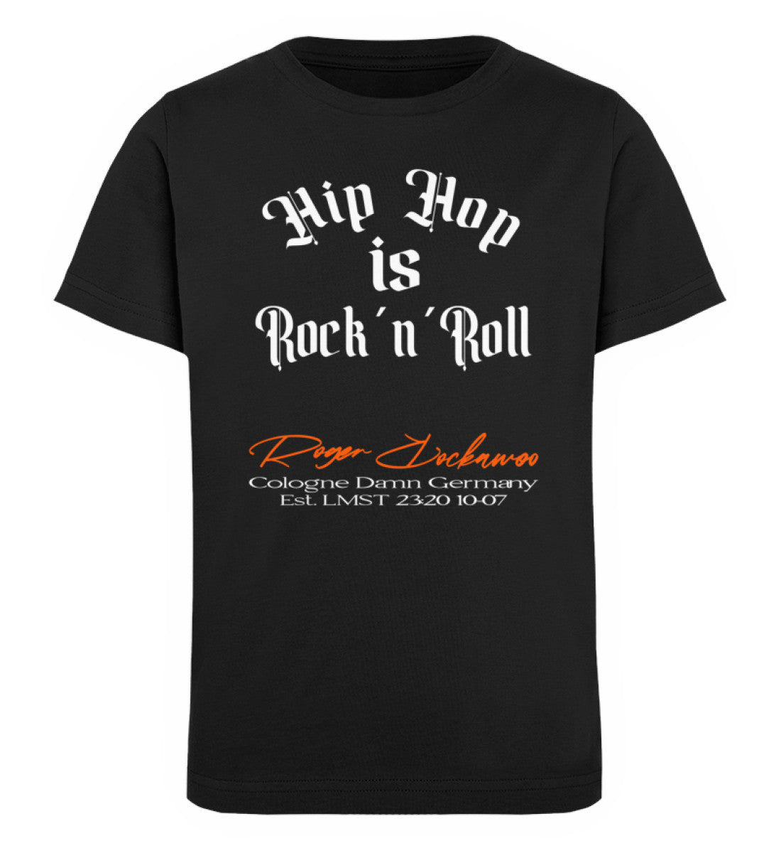 Schwarzes Kinder T-Shirt für Mädchen und Jungen bedruckt mit dem Design der Roger Rockawoo hip hop is rocknroll