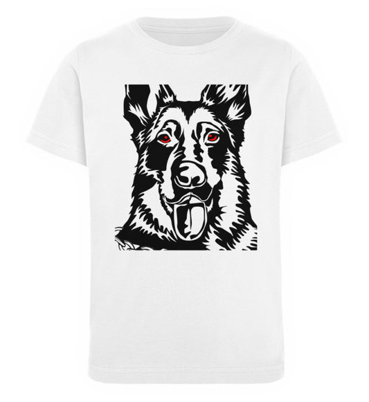 Weißes Kinder T-Shirt für Mädchen und Jungen bedruckt mit dem Design der Roger Rockawoo we are not alone Schäferhund