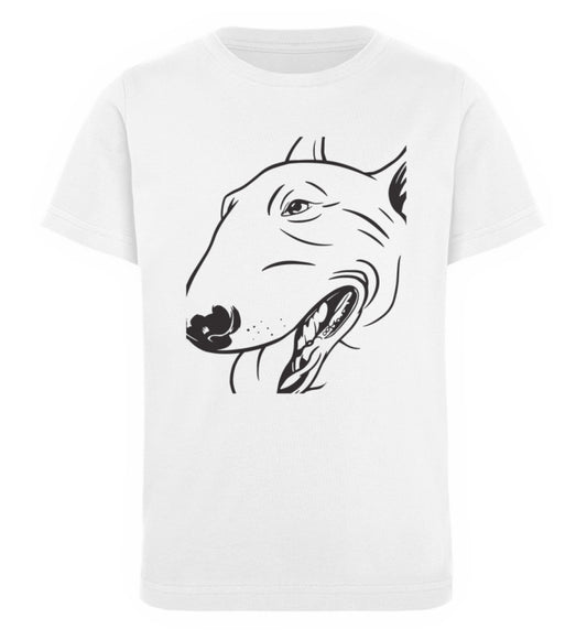 Weißes Kinder T-Shirt für Mädchen und Jungen bedruckt mit dem Design der Roger Rockawoo we are not alone bullterrier hund