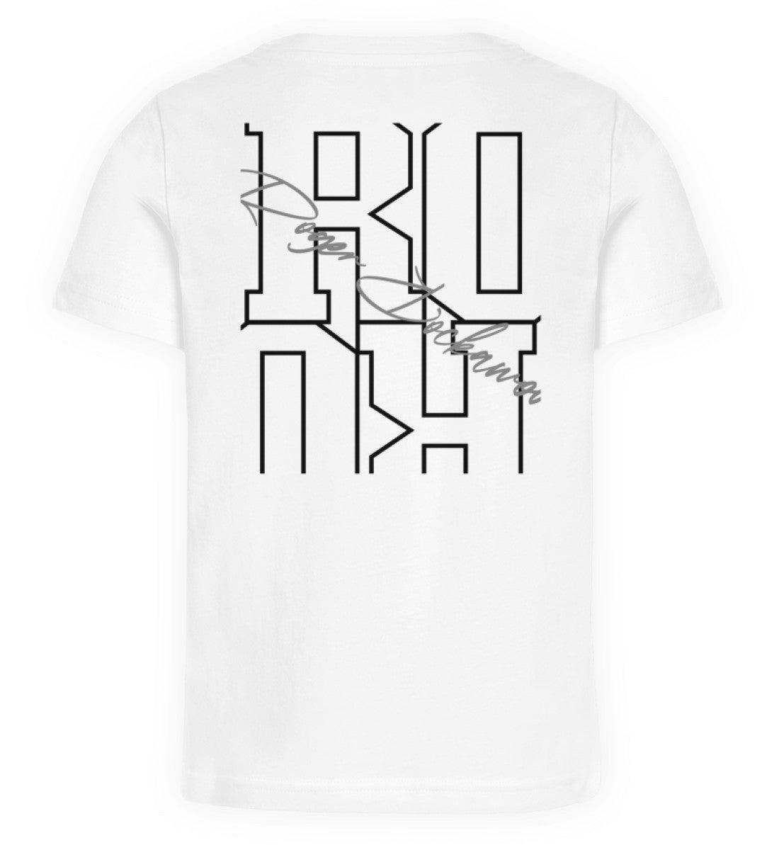 Weißes Kinder T-Shirt für Mädchen und Jungen bedruckt mit dem Design der Roger Rockawoo we are not alone mops hund
