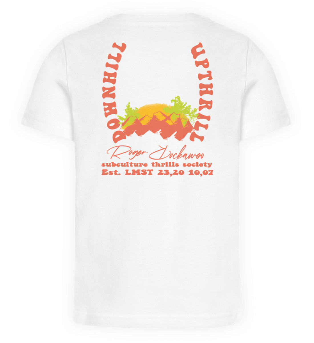 Weißes Kinder T-Shirt für Mädchen und Jungen bedruckt mit dem Design der Roger Rockawoo Kollektion Mountainbike downhill upthrill