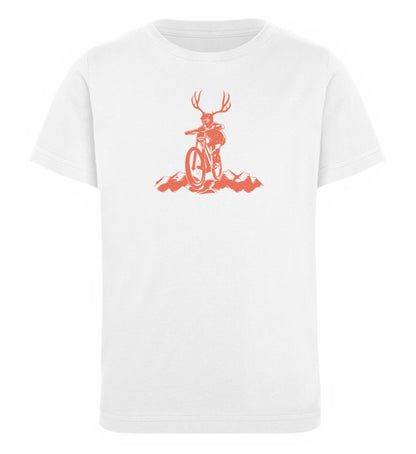 Weißes Kinder T-Shirt für Mädchen und Jungen bedruckt mit dem Design der Roger Rockawoo Kollektion Mountainbike downhill upthrill