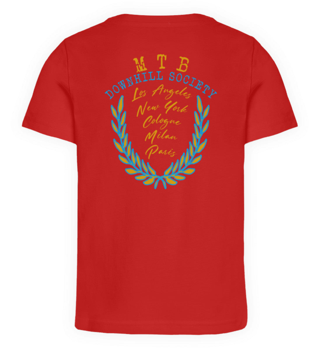 Rotes Kinder T-Shirt für Mädchen und Jungen bedruckt mit dem Design der Roger Rockawoo Kollektion Mountainbike get dirty