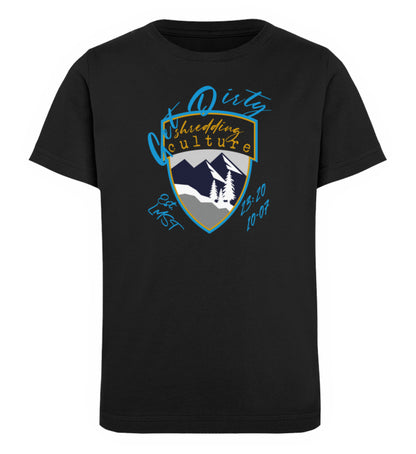 Schwarzes Kinder T-Shirt für Mädchen und Jungen bedruckt mit dem Design der Roger Rockawoo Kollektion Mountainbike get dirty