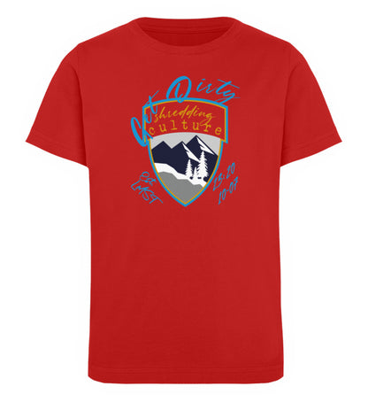 Rotes Kinder T-Shirt für Mädchen und Jungen bedruckt mit dem Design der Roger Rockawoo Kollektion Mountainbike get dirty