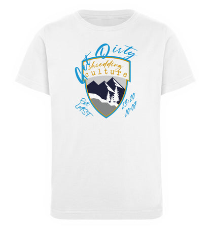 Weißes Kinder T-Shirt für Mädchen und Jungen bedruckt mit dem Design der Roger Rockawoo Kollektion Mountainbike get dirty