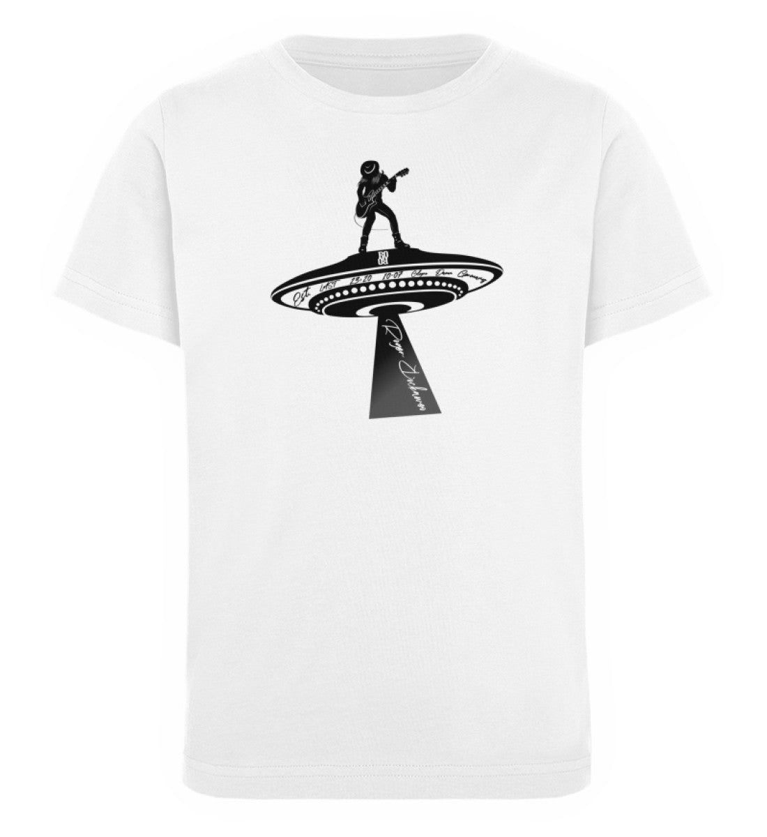 Weißes Kinder T-Shirt für Mädchen und Jungen bedruckt mit dem Design der Roger Rockawoo Kollektion ufo alien guitarist