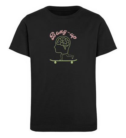 Schwarzes Kinder T-Shirt für Mädchen und Jungen bedruckt mit dem Design der Roger Rockawoo Kollektion Skateboard bang up brain