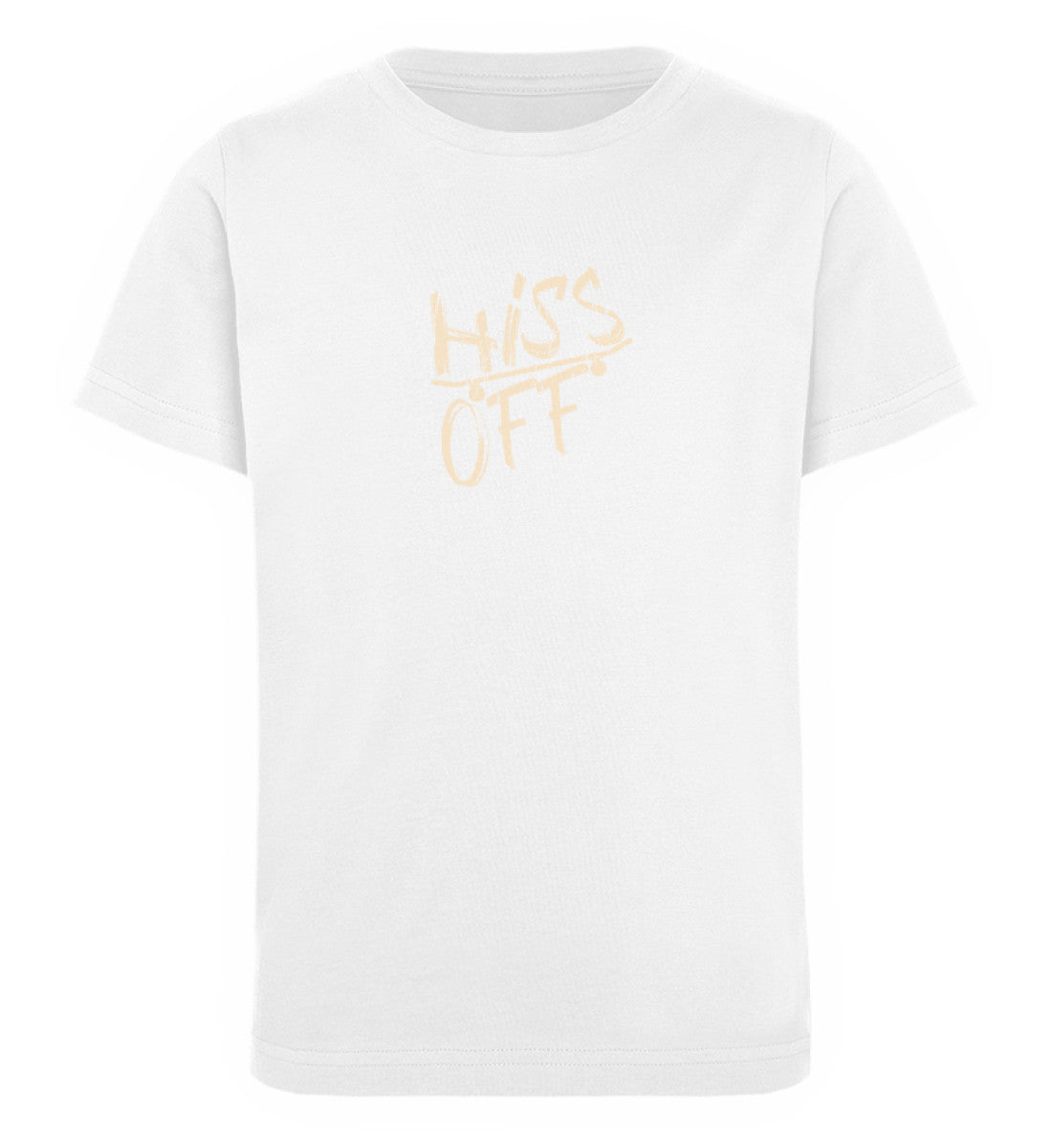 Weißes Kinder T-Shirt für Mädchen und Jungen bedruckt mit dem Design der Roger Rockawoo Kollektion Skateboard Hiss off