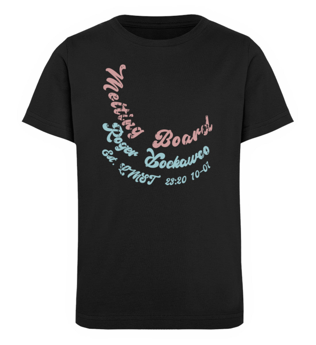 Schwarzes Kinder T-Shirt für Mädchen und Jungen bedruckt mit dem Design der Roger Rockawoo Kollektion Melting Skateboard