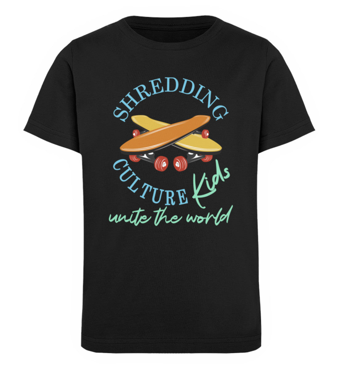 Schwarzes Kinder T-Shirt für Mädchen und Jungen bedruckt mit dem Design der Roger Rockawoo Kollektion shredding culture kids skateboard