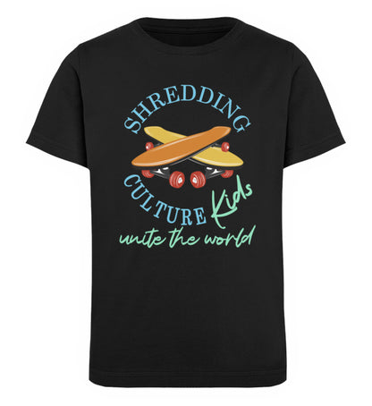 Schwarzes Kinder T-Shirt für Mädchen und Jungen bedruckt mit dem Design der Roger Rockawoo Kollektion shredding culture kids skateboard