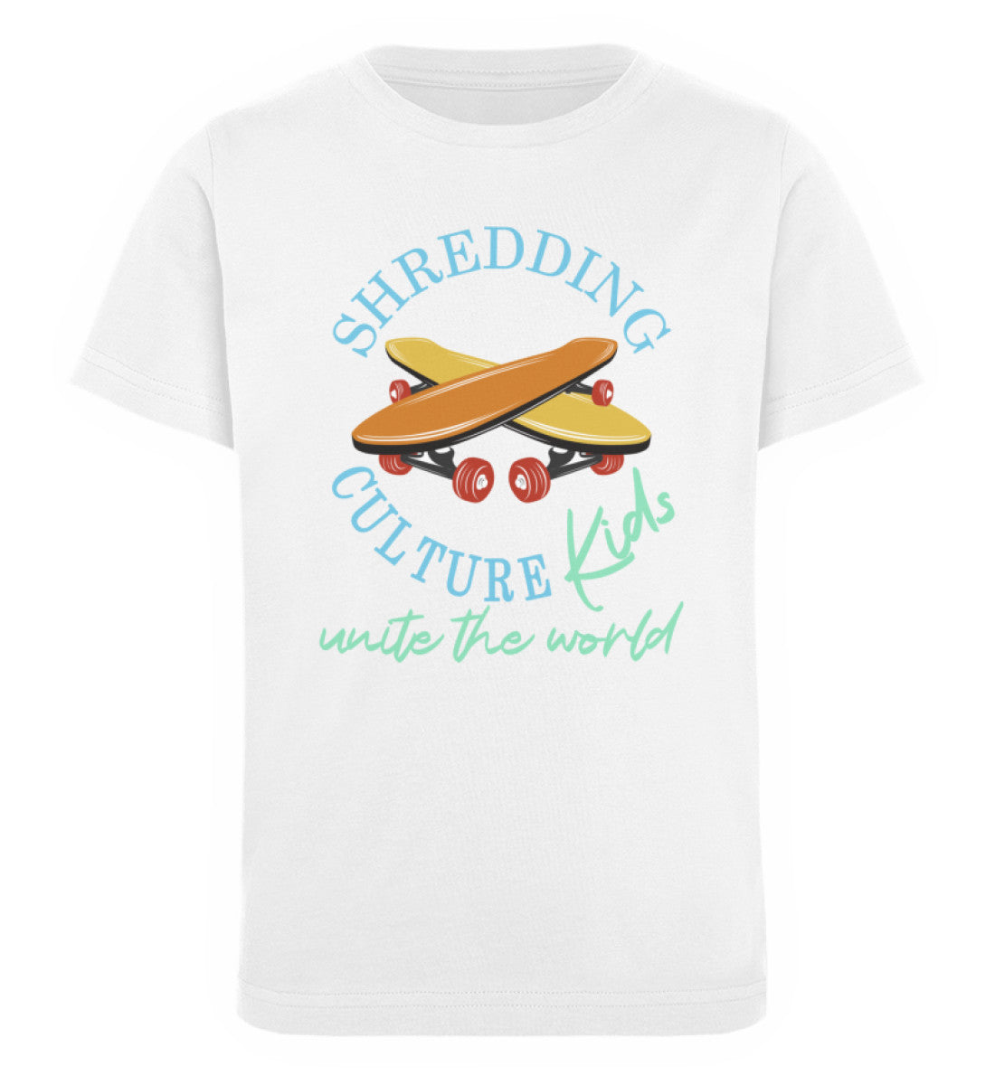 Weißes Kinder T-Shirt für Mädchen und Jungen bedruckt mit dem Design der Roger Rockawoo Kollektion shredding culture kids skateboard