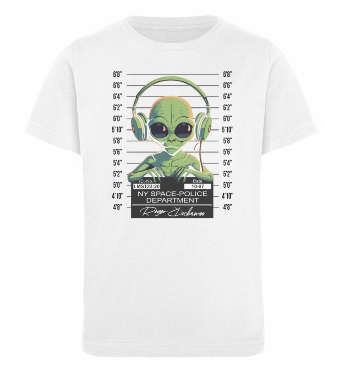 Weißes Kinder T-Shirt für Mädchen und Jungen bedruckt mit dem Design der Roger Rockawoo Kollektion Alien Space Police