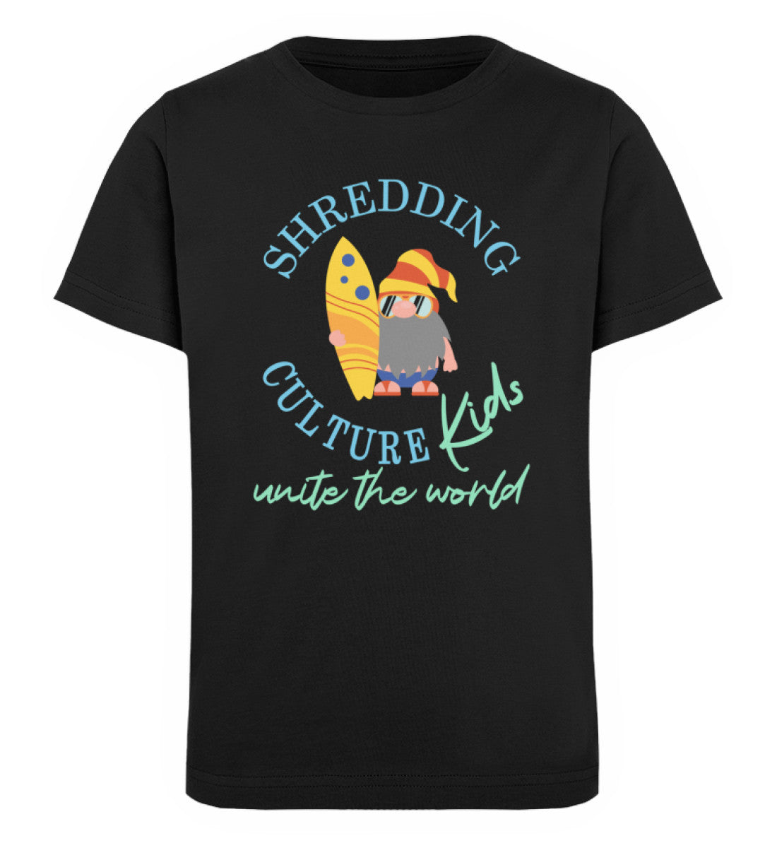 Schwarzes Kinder T-Shirt für Mädchen und Jungen bedruckt mit dem Design der Roger Rockawoo Kollektion shredding culture kids surfing