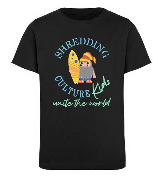 Schwarzes Kinder T-Shirt für Mädchen und Jungen bedruckt mit dem Design der Roger Rockawoo Kollektion shredding culture kids surfing