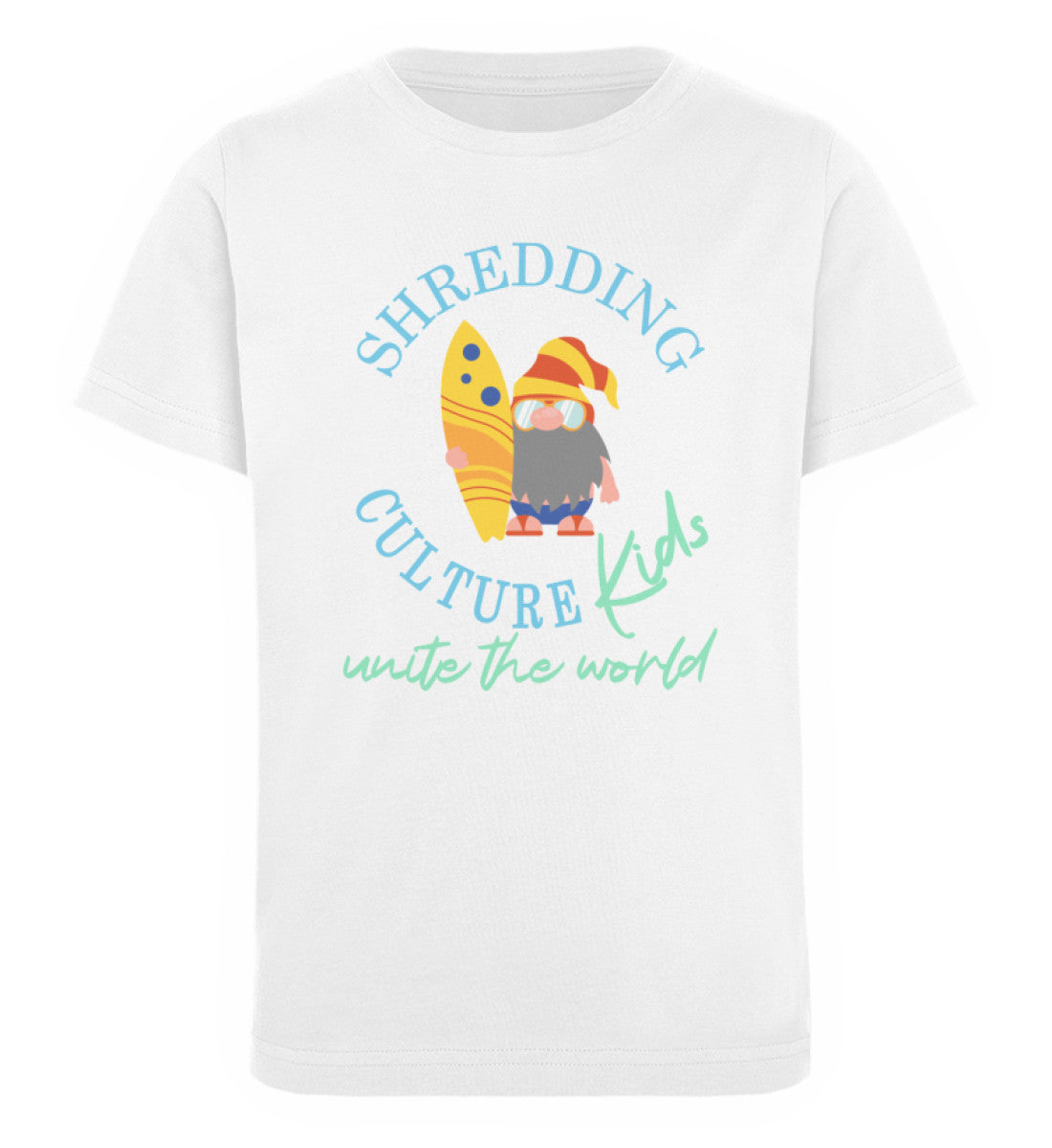 Weißes Kinder T-Shirt für Mädchen und Jungen bedruckt mit dem Design der Roger Rockawoo Kollektion shredding culture kids surfing