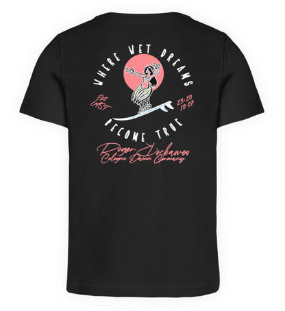Schwarzes Kinder T-Shirt für Mädchen und Jungen bedruckt mit dem Design der Roger Rockawoo surf where wet dreams become true