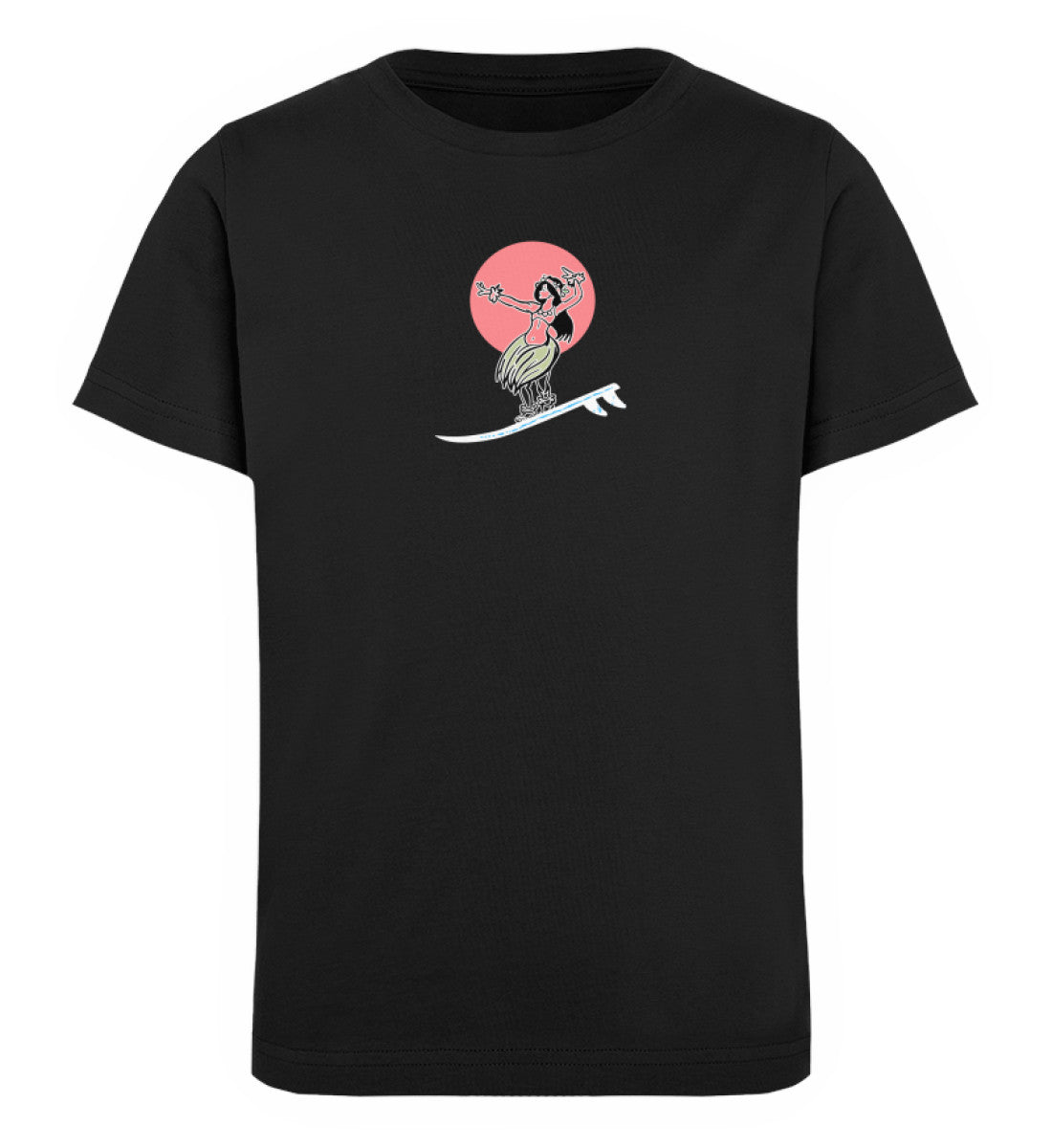 Schwarzes Kinder T-Shirt für Mädchen und Jungen bedruckt mit dem Design der Roger Rockawoo surf where wet dreams become true
