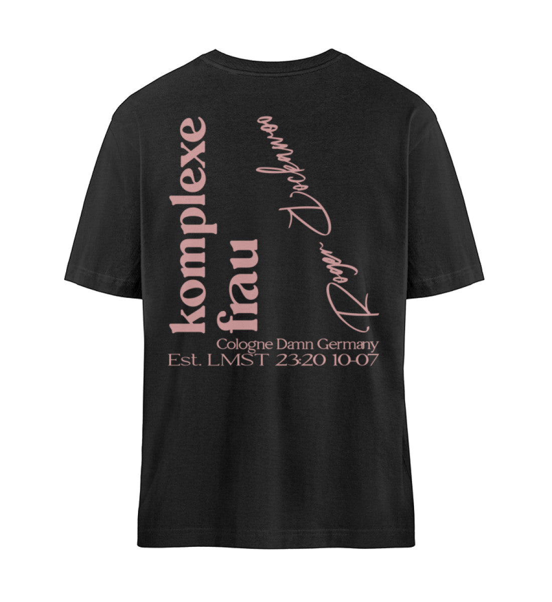 Schwarzes T-Shirt für Frauen und Maenner mit dem Design aus der Roger Rockawoo Kollektion Komplexe Frau