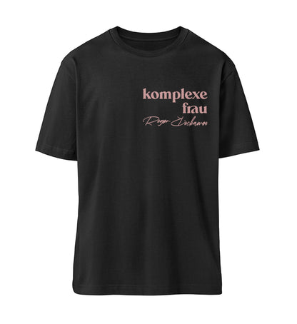Schwarzes T-Shirt für Frauen und Maenner mit dem Design aus der Roger Rockawoo Kollektion Komplexe Frau