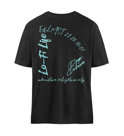 Schwarzes T-Shirt Unisex Relaxed Fit für Frauen und Männer bedruckt mit dem Design der Roger Rockawoo Clothing Kollektion Lofi Life Guitarist