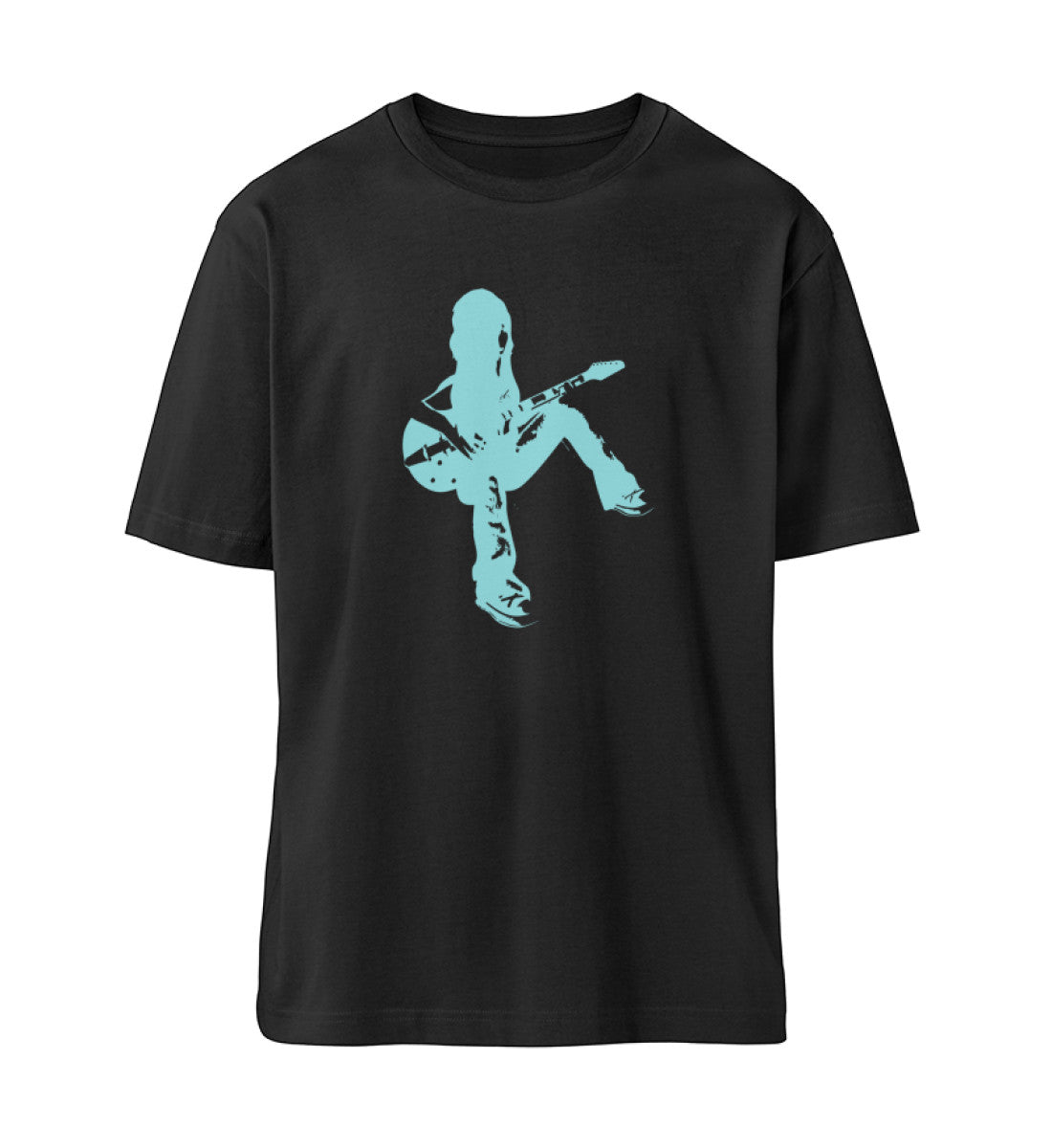 Schwarzes T-Shirt Unisex Relaxed Fit für Frauen und Männer bedruckt mit dem Design der Roger Rockawoo Clothing Kollektion Lofi Life Guitarist