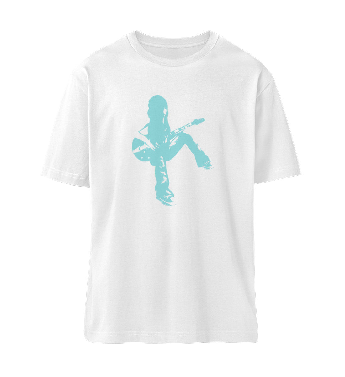 Weißes T-Shirt Unisex Relaxed Fit für Frauen und Männer bedruckt mit dem Design der Roger Rockawoo Clothing Kollektion Lofi Life Guitarist