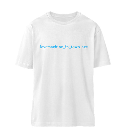 Weißes T-Shirt Unisex Relaxed Fit für Frauen und Männer bedruckt mit dem Design der Roger Rockawoo Clothing Kollektion Lovemachine in town exe