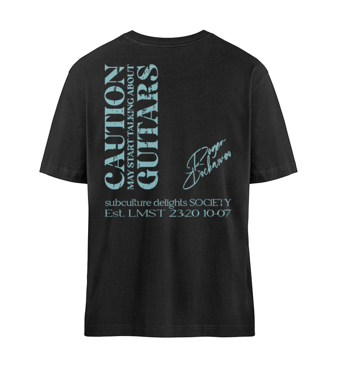 Schwarzes T-Shirt Unisex Relaxed Fit für Frauen und Männer bedruckt mit dem Design der Roger Rockawoo Clothing Kollektion Caution may start talking about guitars