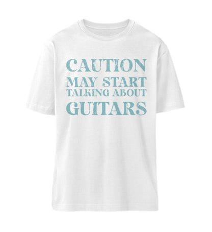 Weißes T-Shirt Unisex Relaxed Fit für Frauen und Männer bedruckt mit dem Design der Roger Rockawoo Clothing Kollektion Caution may start talking about guitars
