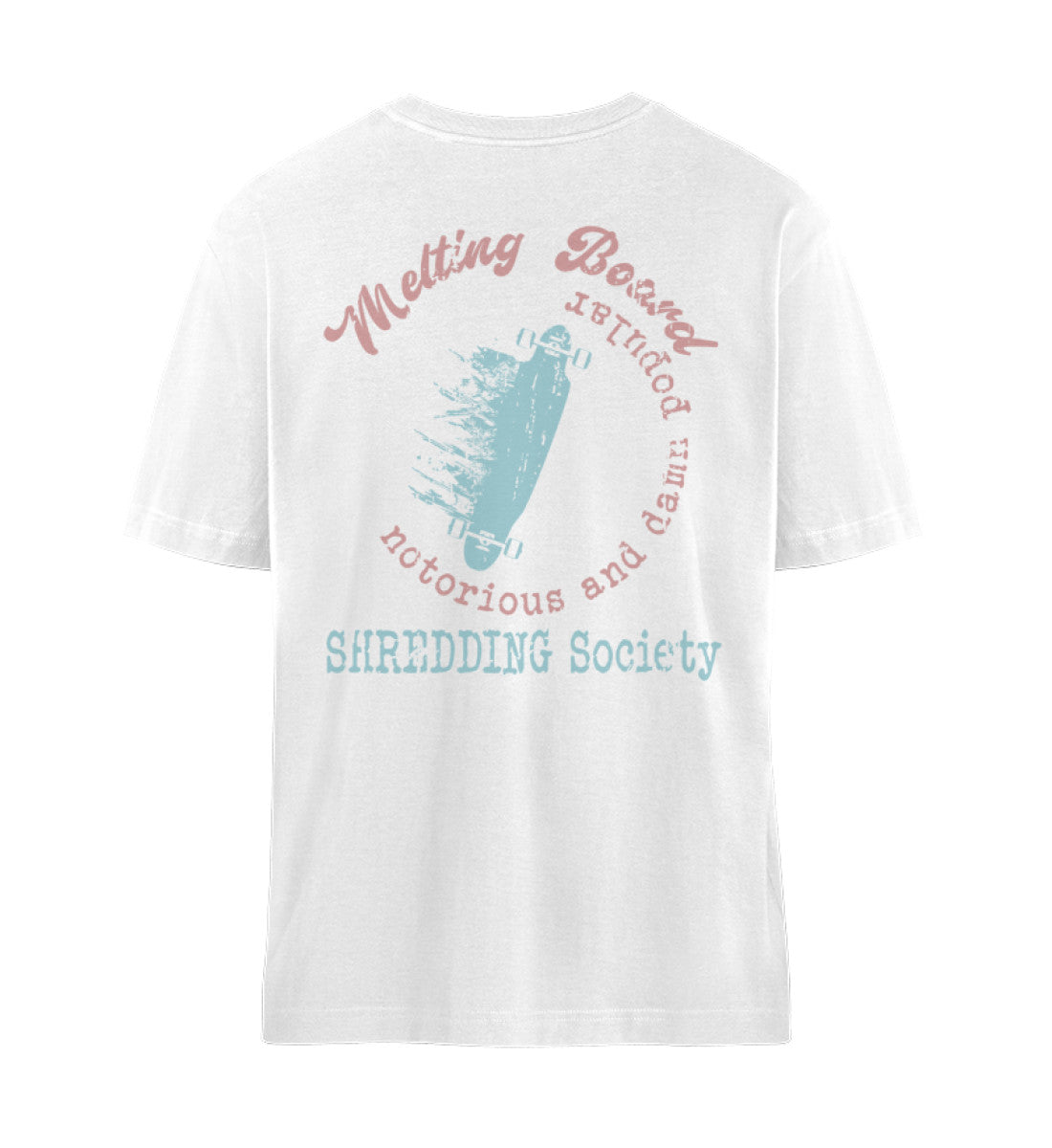 Weißes T-Shirt Unisex Relaxed Fit für Frauen und Männer bedruckt mit dem Design der Roger Rockawoo Kollektion Melting Skateboard